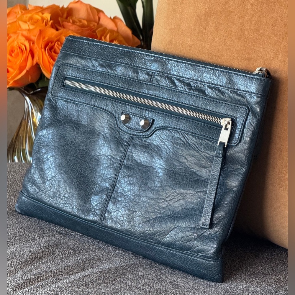 Balenciaga Teal Blue Leather Classic Clip Clutch - Picture 11 of 17